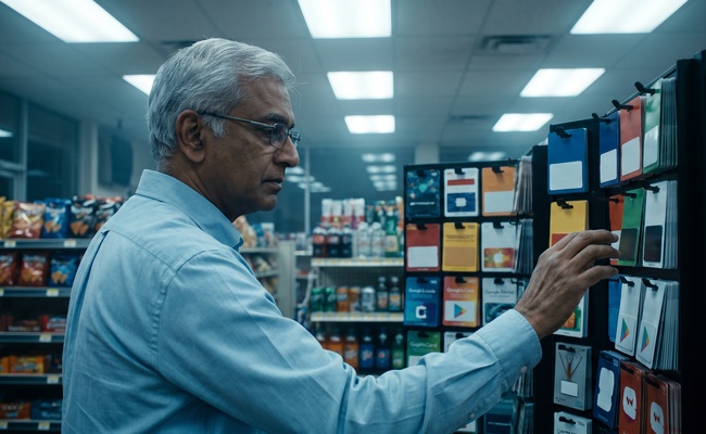 An older man pauses with his hand near a convenience store gift card rack, reconsidering an unusual payment request.