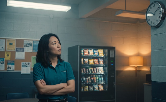 A woman in a work uniform glances at a wall clock with crossed arms, refusing to be rushed by an artificial deadline.