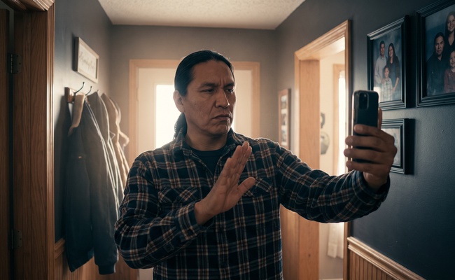 A man in a home hallway holds up his hand and refuses to confirm personal information over the phone.