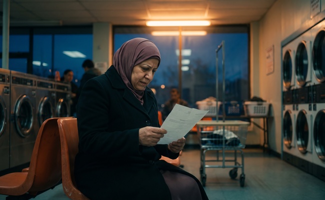 A woman seated in a laundromat reads the written validation information that arrived in the mail.
