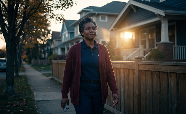 A woman walks a neighborhood sidewalk at golden hour with her phone lowered, settled after verifying who was really calling.