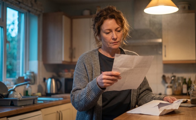 A woman in a grey cardigan stands at her kitchen counter in the evening reading a single page she has just taken from an opened envelope.