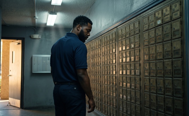 A man stands before a wall of brass mailboxes in an apartment mail room after closing his box.