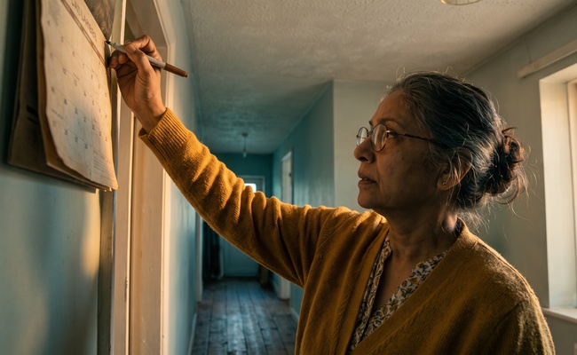 An older woman reaches up to mark a date on a paper wall calendar in her hallway.
