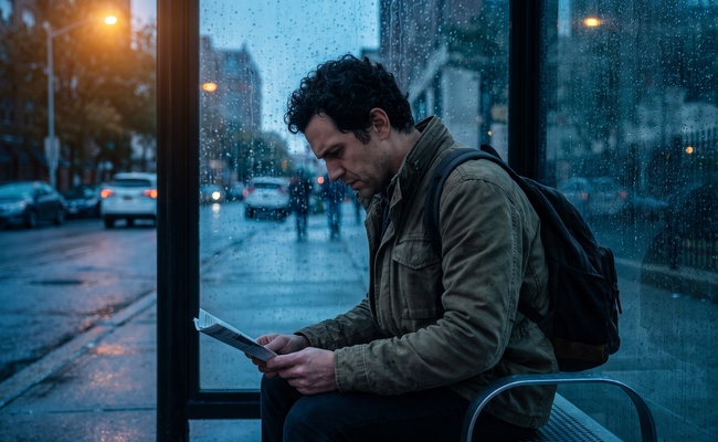 A young man sits inside a glass bus shelter at dusk reading a folded page after the rain has stopped.