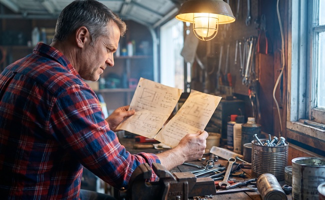 A man at a garage workbench holds two sheets of paper side by side and compares them.