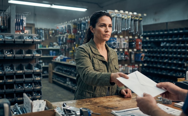A woman hands a sealed envelope across a hardware store service counter to a clerk.