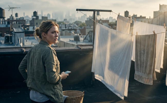 Woman on an apartment rooftop lowering her phone after a collection message.
