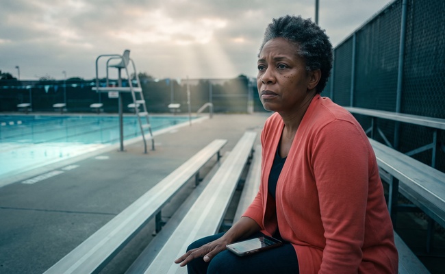 Woman on public pool bleachers thinking through a collection notification on her phone.