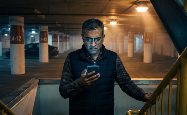 Man reading a late night collection message by phone screen glow in a parking garage.