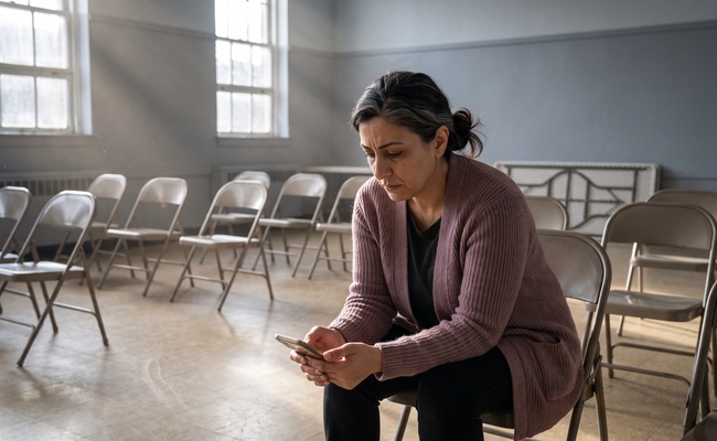Woman alone in a community hall reading a private collection message on her phone.