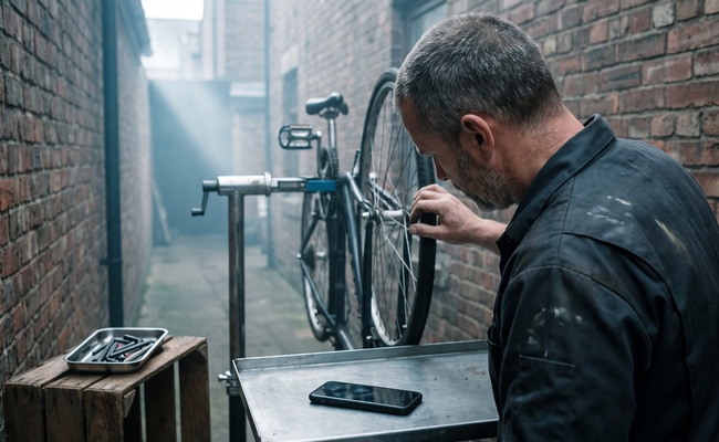 Bike mechanic sets his phone face down instead of clicking a collection message link.