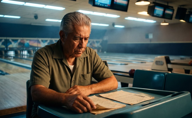 Man comparing two collection documents side by side at a bowling alley scoring table.