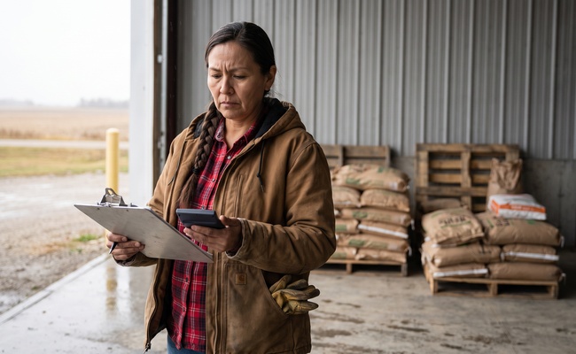 Worker on a feed store loading dock checking collection figures with a calculator.