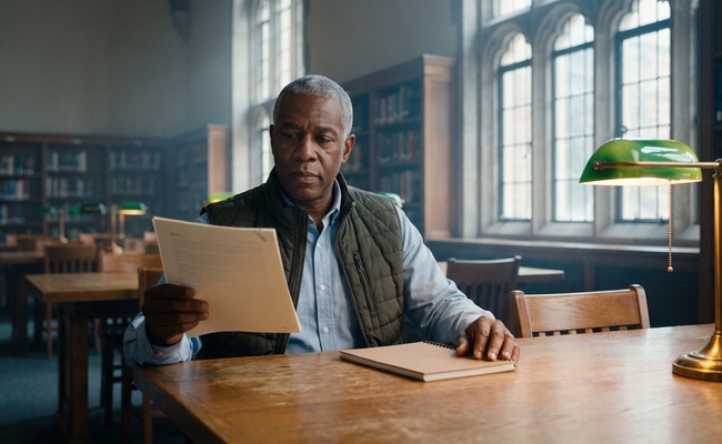 Older man at a long library table reading a two page settlement document under window light.