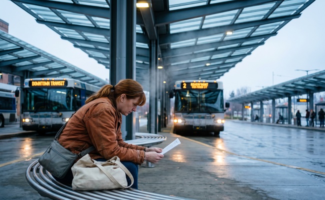 Woman on a transit center bench reading a single page notice before she agrees to pay anything.