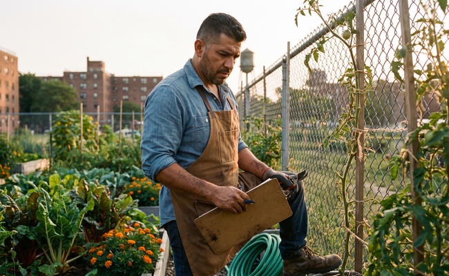 Gardener pausing at a community garden fence to look over paperwork on a clipboard.