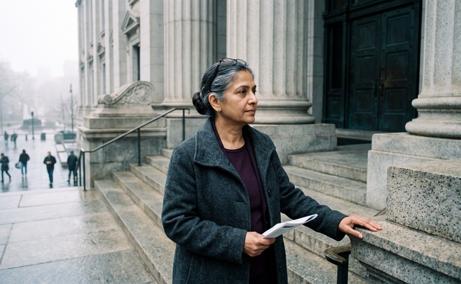 Woman on courthouse steps holding a folded document about a remaining balance claim.