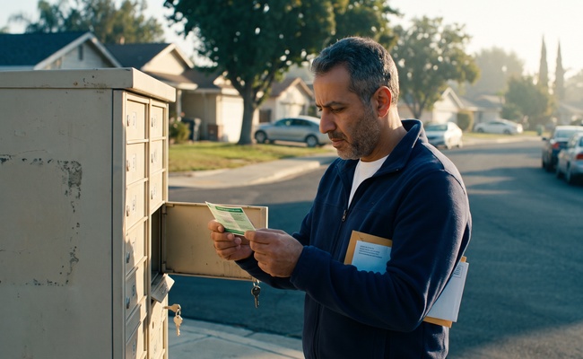 Man at a neighborhood cluster mailbox examining a certified mail receipt card.