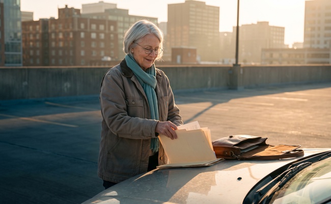 Older woman filing settlement paperwork into a folder on a car hood at golden hour.