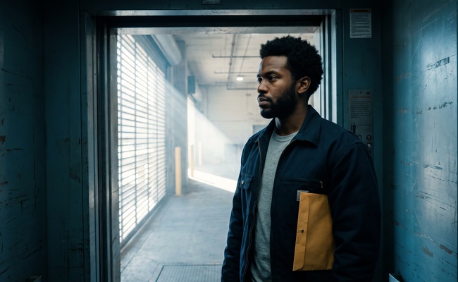 Man in a freight elevator with an envelope under his arm looking out toward the corridor knowing his debt sold while in dispute was wrong.