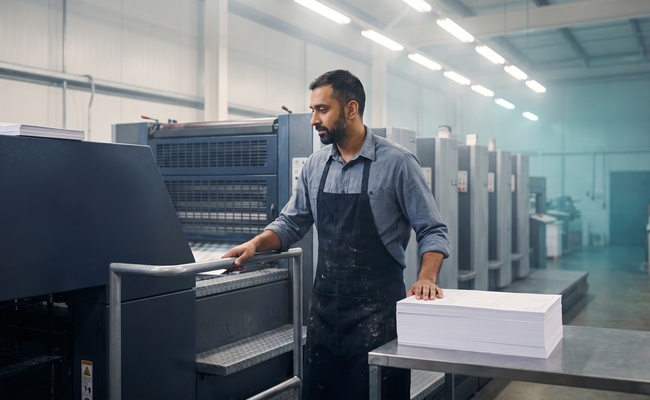 Print shop worker beside a running press watching a stack of notices come off the line.