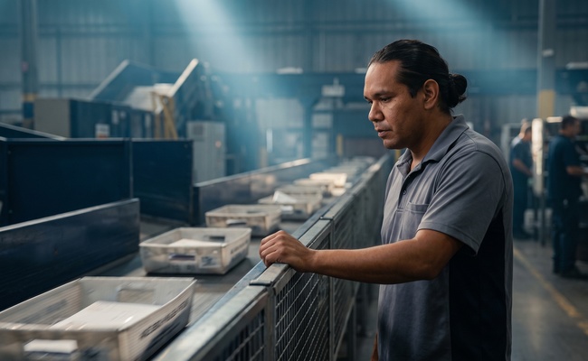 Worker at a mail sorting conveyor watching trays of letters move past on the belt.