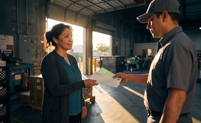 Woman handing a certified mail envelope with a return receipt card to a delivery driver.