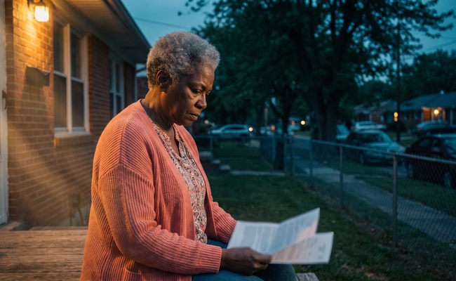 Woman seated on a front porch step at dusk comparing two printed statements for the same account.