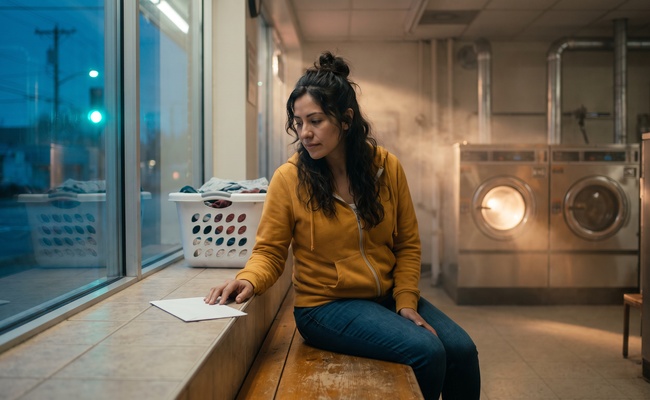 Woman on a laundromat window bench looking at an unopened envelope beside a basket of folded laundry.