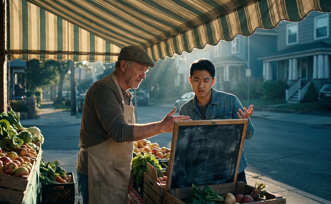 Customer questioning a vendor about the figures on a hand lettered board at a sidewalk produce stand.