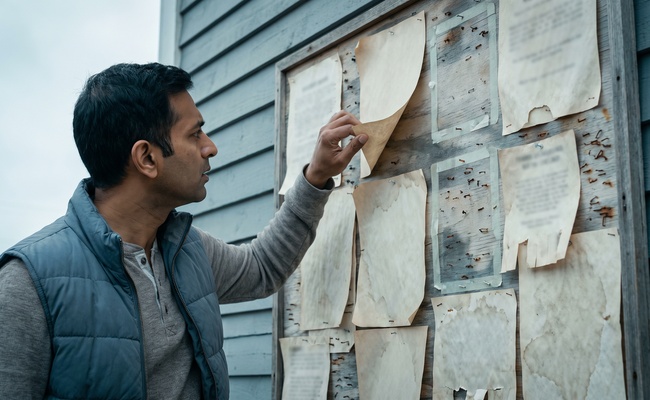 Man lifting the corner of a layered notice on a community bulletin board to see what is underneath.