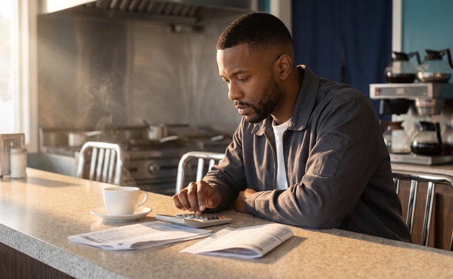 Man at a diner counter working through two pages with a handheld calculator and a cup of coffee.