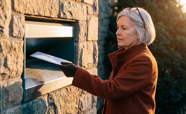 Older woman sliding a plain envelope into the exterior return slot at a small public library.