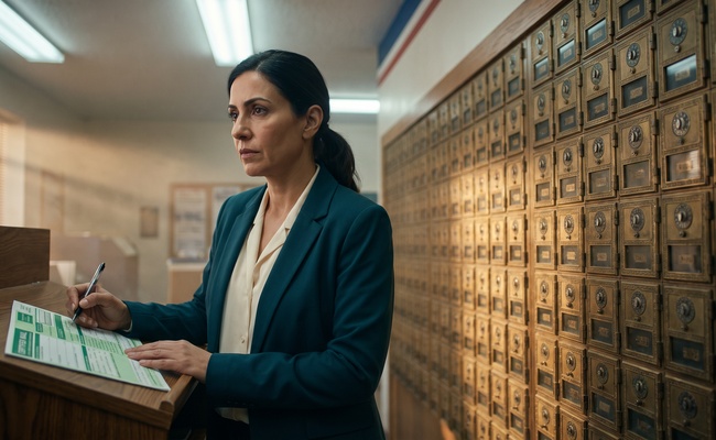 Woman completing a certified mail form at a writing shelf beside a wall of brass post office boxes.