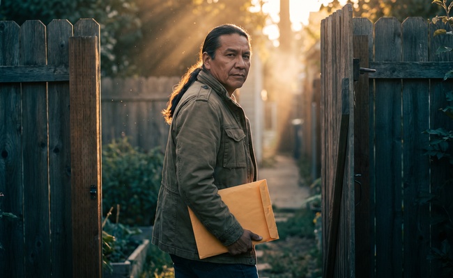 Man stepping through a backyard gate at golden hour carrying a thick envelope packet to be mailed.