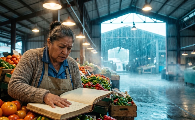 Market vendor with an open ledger book at her produce stall while rain falls through the roof opening behind her.