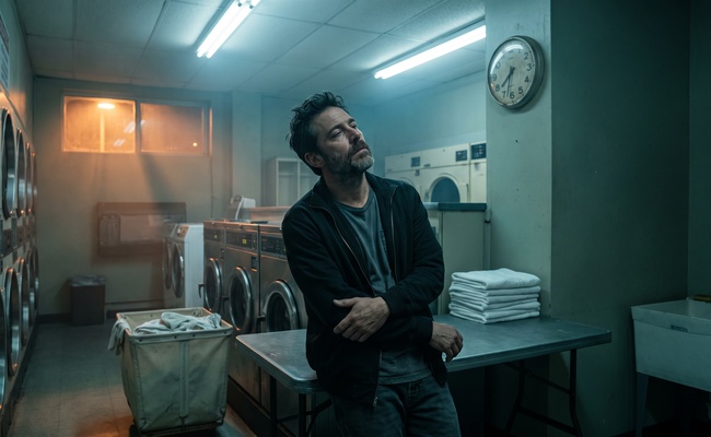 Man leaning against a folding table in a coin laundry looking up at a wall clock before dawn.