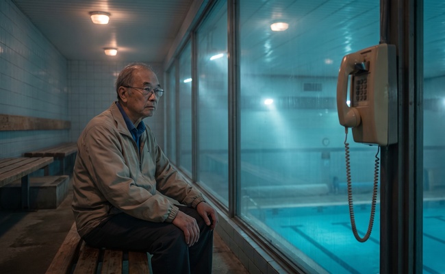 Older man sitting alone in an indoor pool viewing gallery at night beside a wall phone left off the hook.