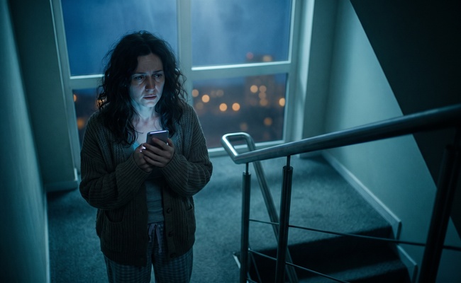 Woman in a cardigan standing on a dark apartment stairwell landing at night reading a message on her phone.