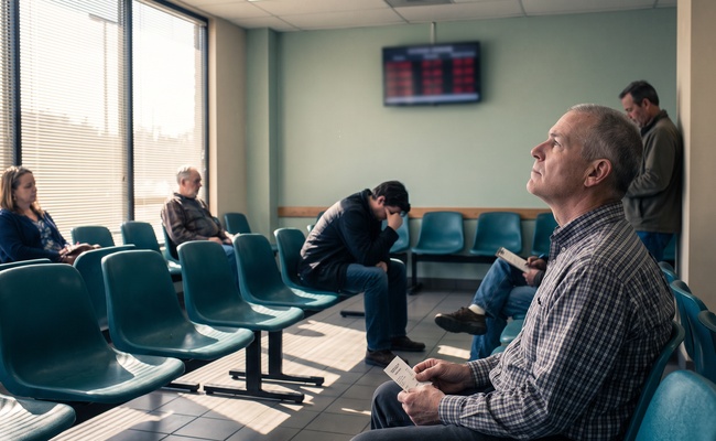 Older man holding a paper ticket in a government licensing office waiting area looking up at a queue display.