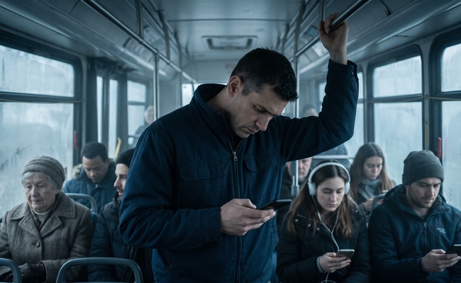 Man standing on a crowded city bus in fog holding his phone low and angled away from other passengers.