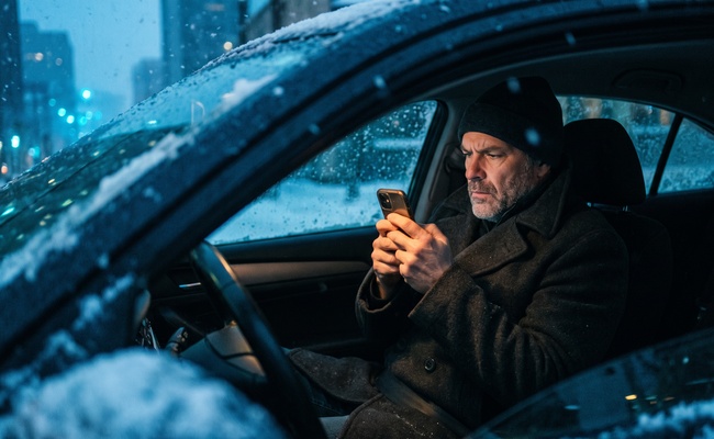 Man sitting in a parked car at dusk during snowfall holding his phone up to capture what is on the screen.