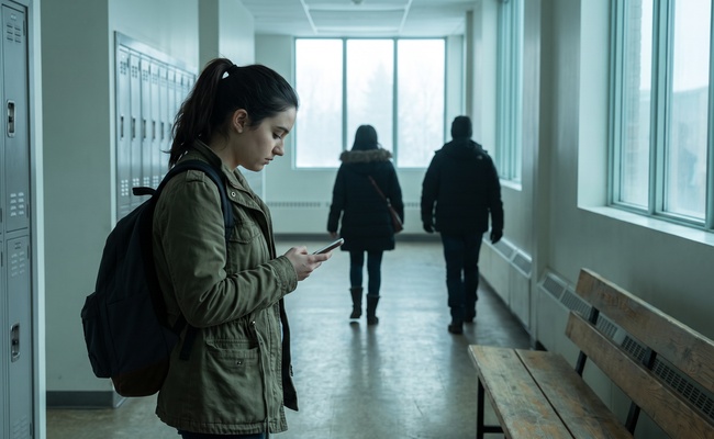 Young woman with a backpack pausing in a college corridor with her thumb hovering over her phone screen.
