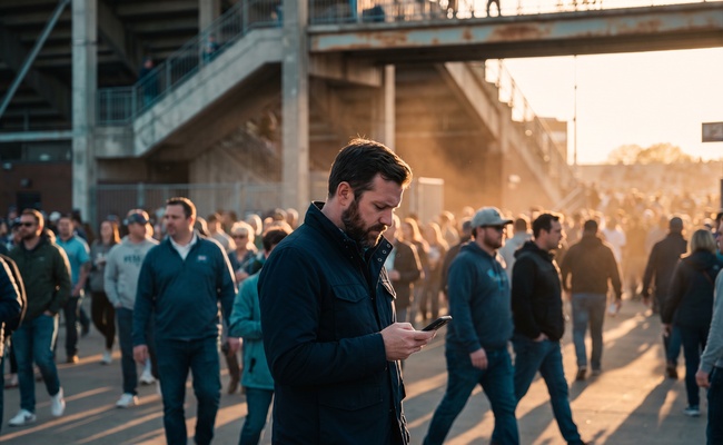Man standing still in a crowded stadium concourse looking at his phone while people stream past him.