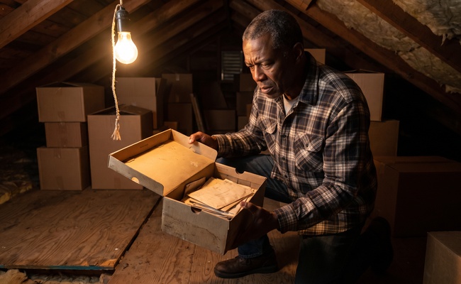 An older man kneels in an attic and looks into a shoebox of loose letters and notes, realizing his records are incomplete.