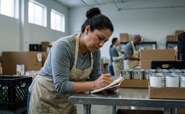 A volunteer pauses her work at a sorting table to write a dated note in a pocket notebook while the details are still fresh.