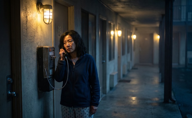 A woman holds a corridor telephone handset slightly away from her ear, weighing what she is allowed to do before she speaks.