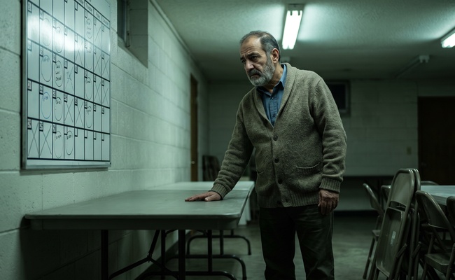 An older man in a community hall studies a marked wall calendar and notices the weeks where nothing was recorded.