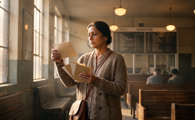 A woman turns a stack of envelopes toward window light to examine the postmark on the top one.